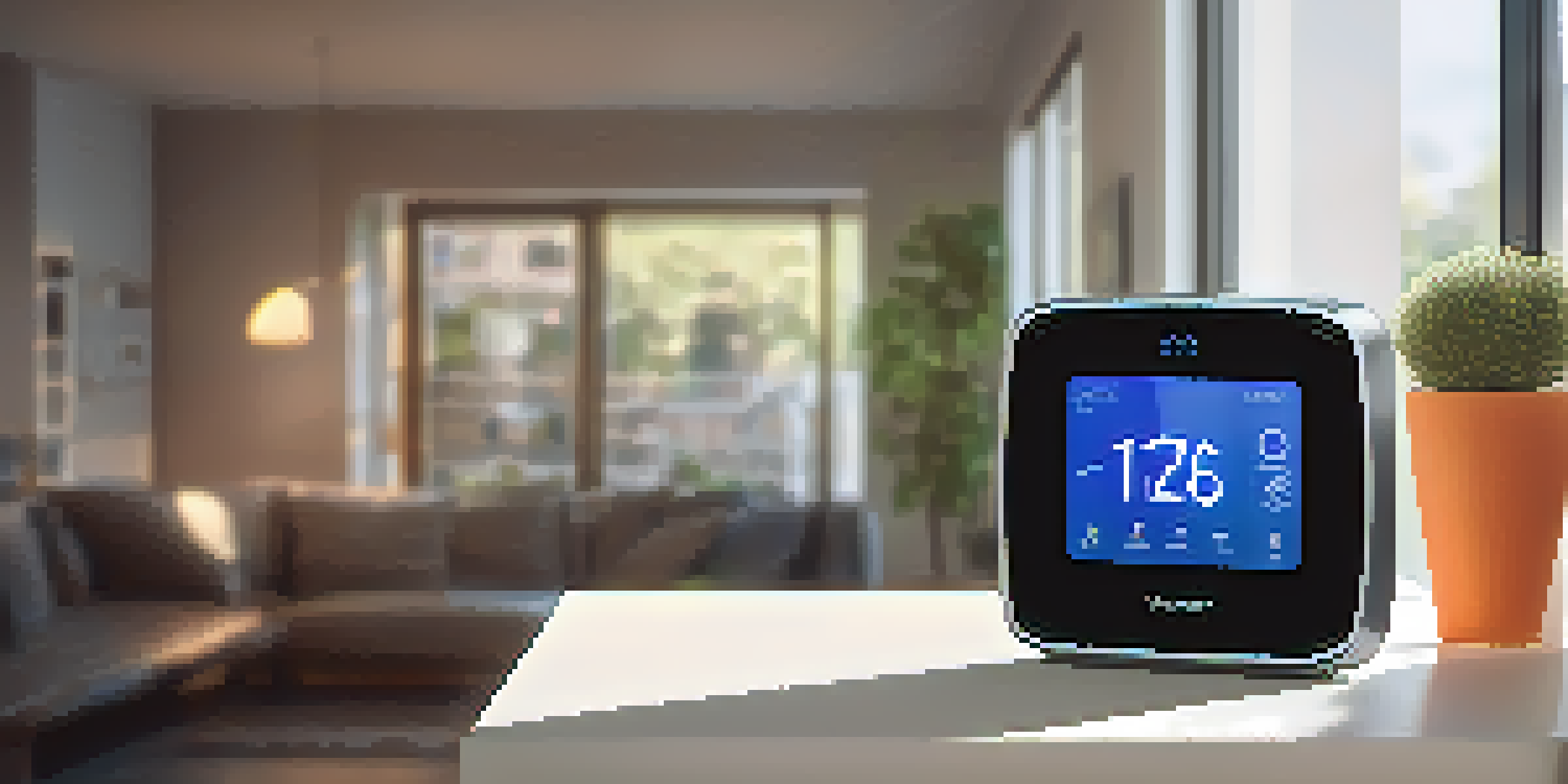 A close-up of a modern smart thermostat connected to a blockchain network, with visual indicators of data flow and security in a cozy home setting.
