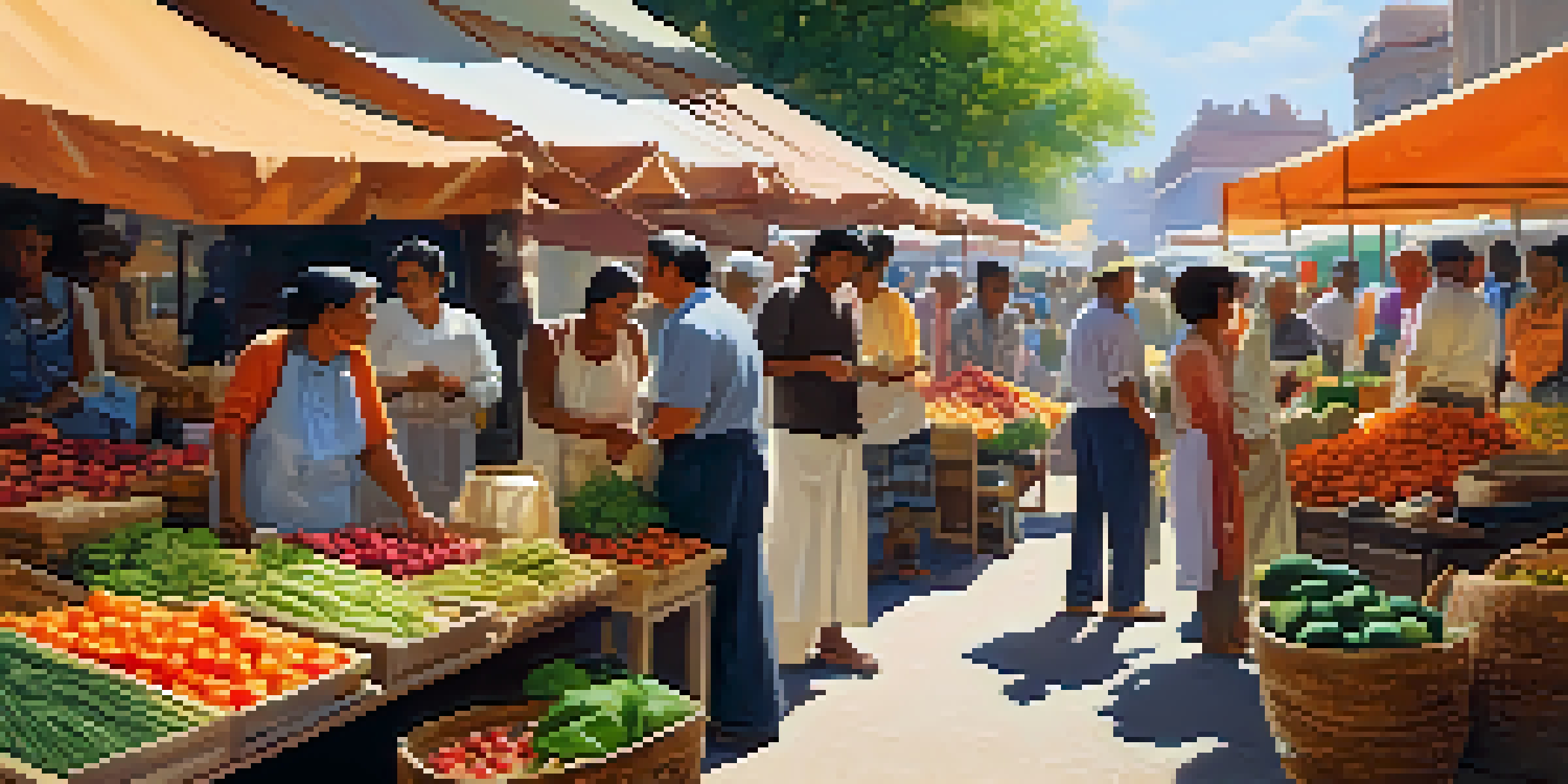 A lively outdoor market with colorful stalls and diverse people interacting, surrounded by greenery.