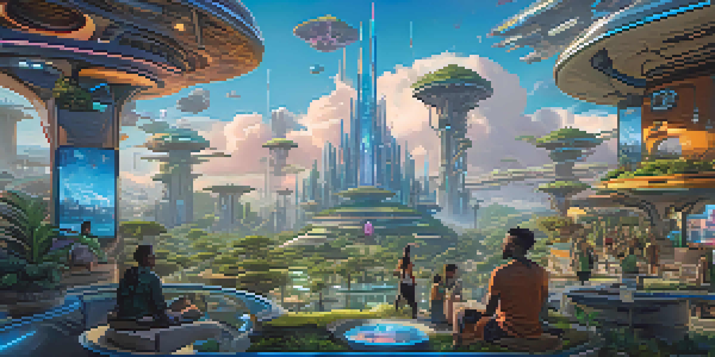 A colorful digital gaming landscape with diverse players interacting with unique digital assets and NFTs under a bright sky.