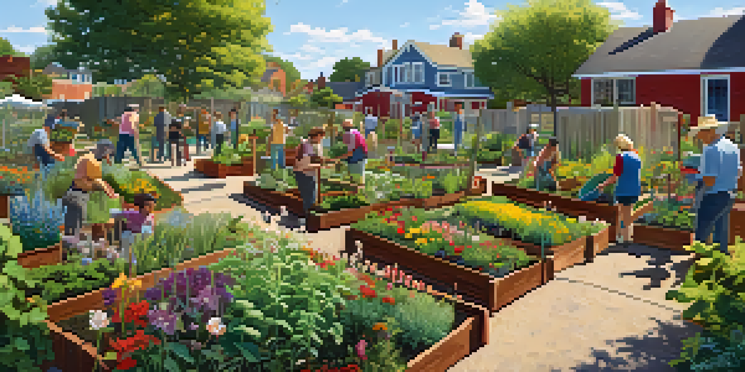 A community garden scene with diverse gardeners working together, surrounded by colorful flowers and plants under a sunny sky.