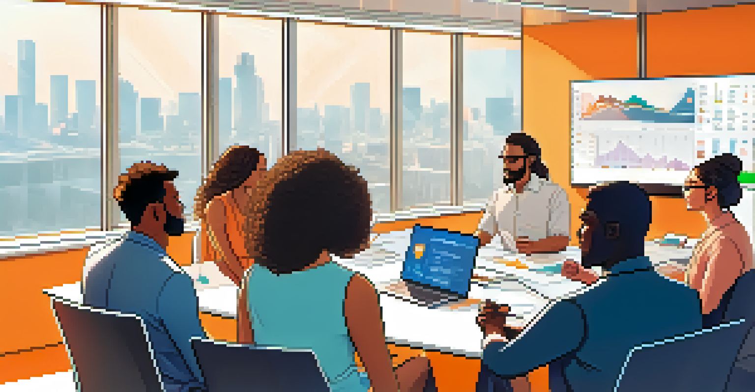 A diverse group of people discussing cryptocurrency regulations in a modern office, with charts and graphs on screens.