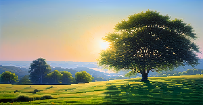 A young tree being watered in a peaceful landscape with blooming flowers and a clear blue sky.