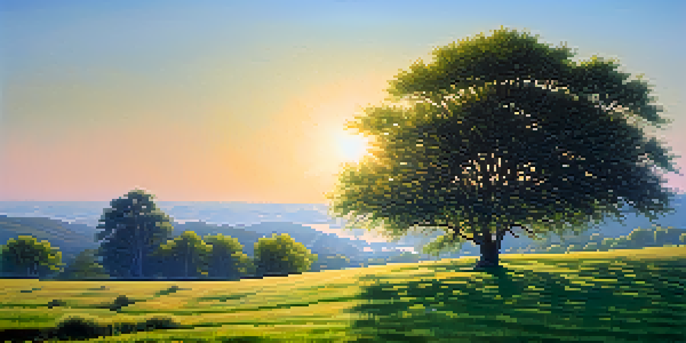 A young tree being watered in a peaceful landscape with blooming flowers and a clear blue sky.