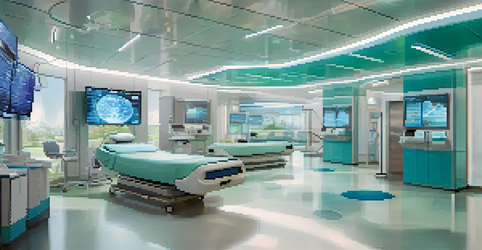 A modern hospital interior with digital screens and healthcare professionals interacting, representing a secure and technologically advanced medical environment.