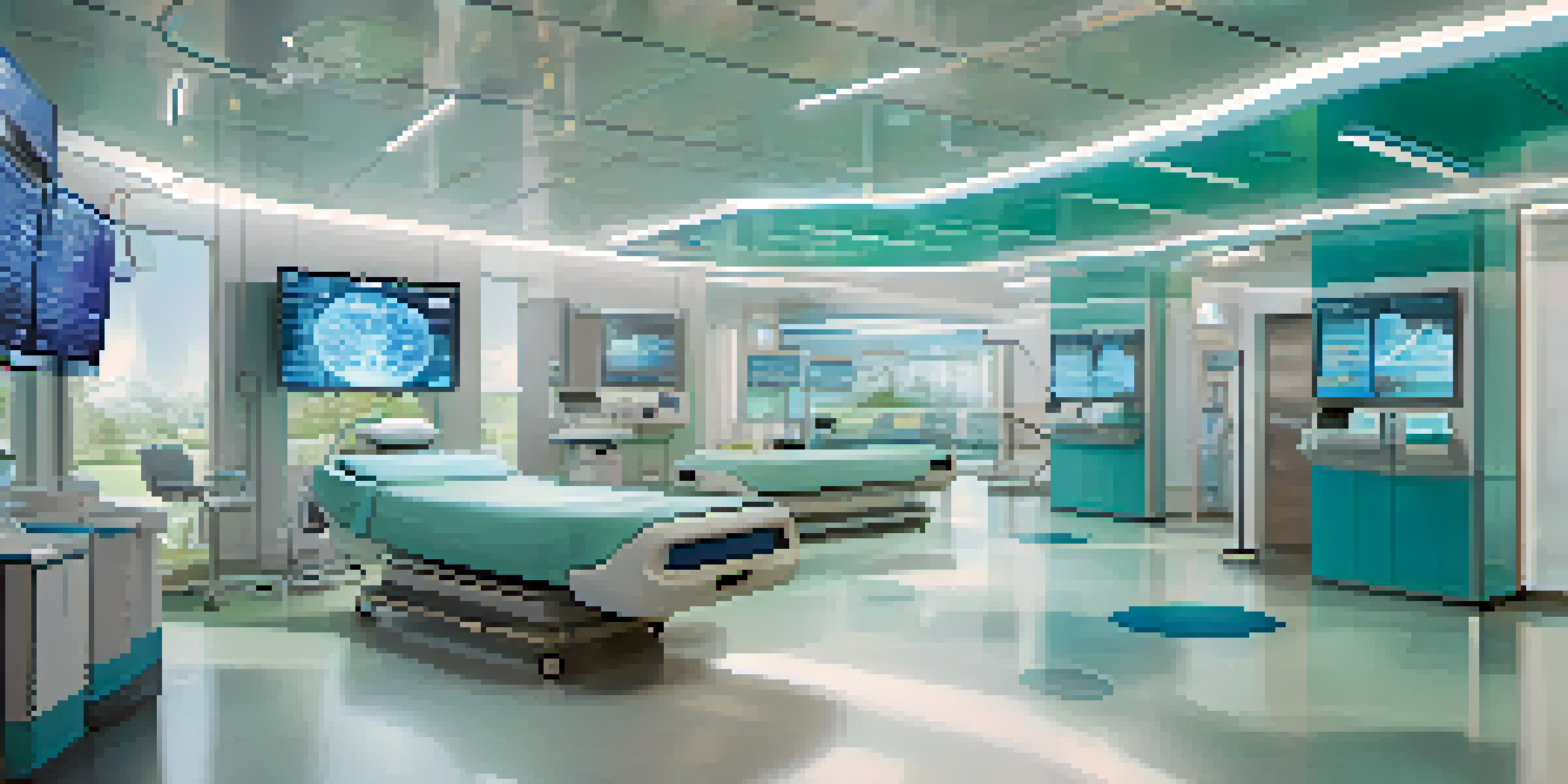 A modern hospital interior with digital screens and healthcare professionals interacting, representing a secure and technologically advanced medical environment.