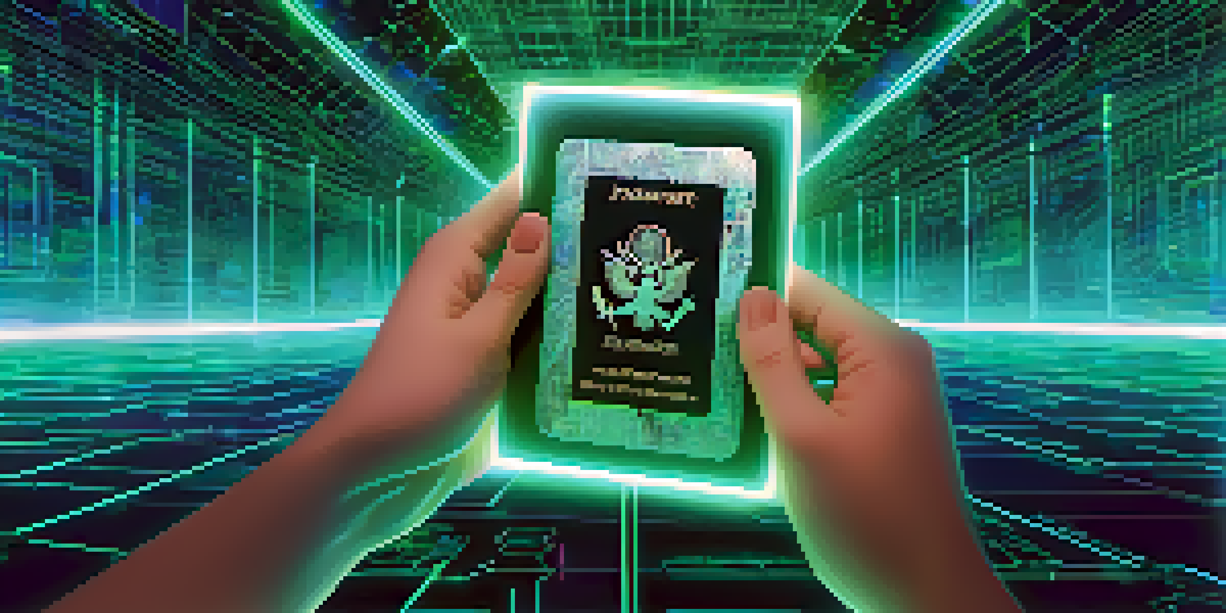 A digital passport representing decentralized identity with a blockchain background, open to show a unique identifier and credential.