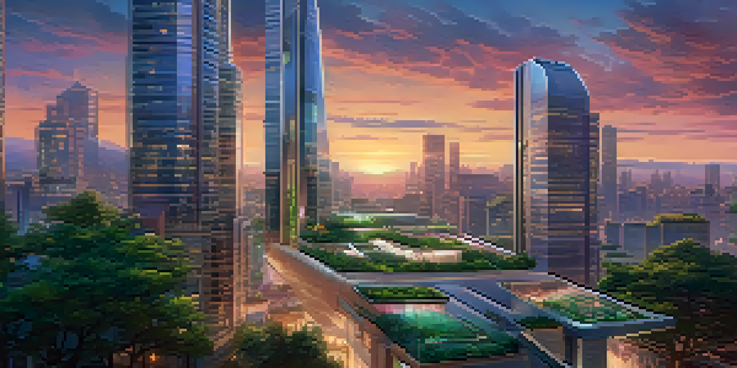 A vibrant futuristic cityscape at dusk with modern buildings and flying cars, illuminated by sunset colors.
