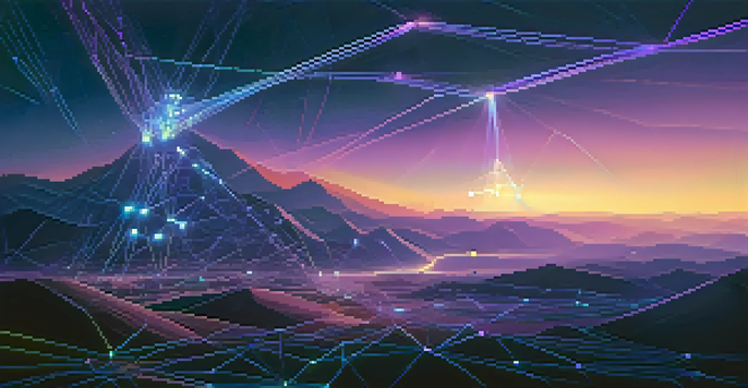 A digital landscape illustrating the Ethereum network with glowing nodes and lines in blue and purple colors.