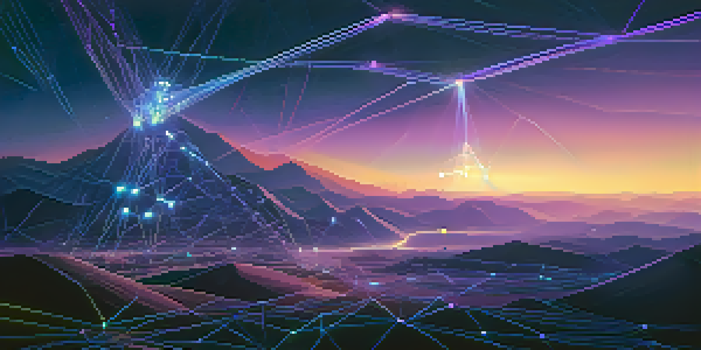 A digital landscape illustrating the Ethereum network with glowing nodes and lines in blue and purple colors.