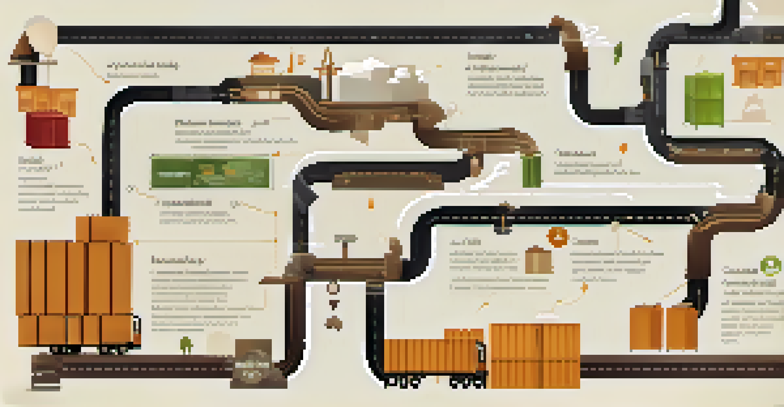 An infographic showing the journey of a product through various supply chain stages with arrows and icons.