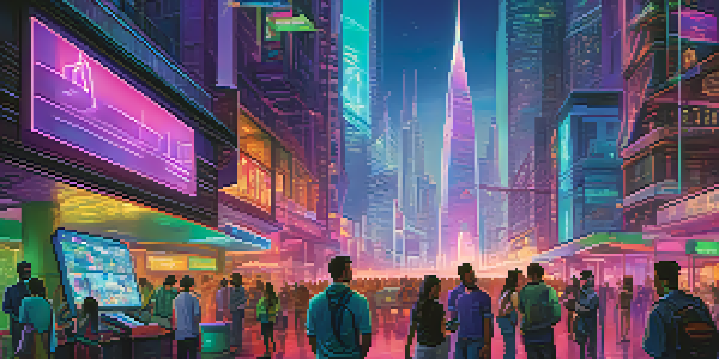 A futuristic city marketplace with people interacting with holographic Ethereum symbols and neon lights, surrounded by tall buildings.