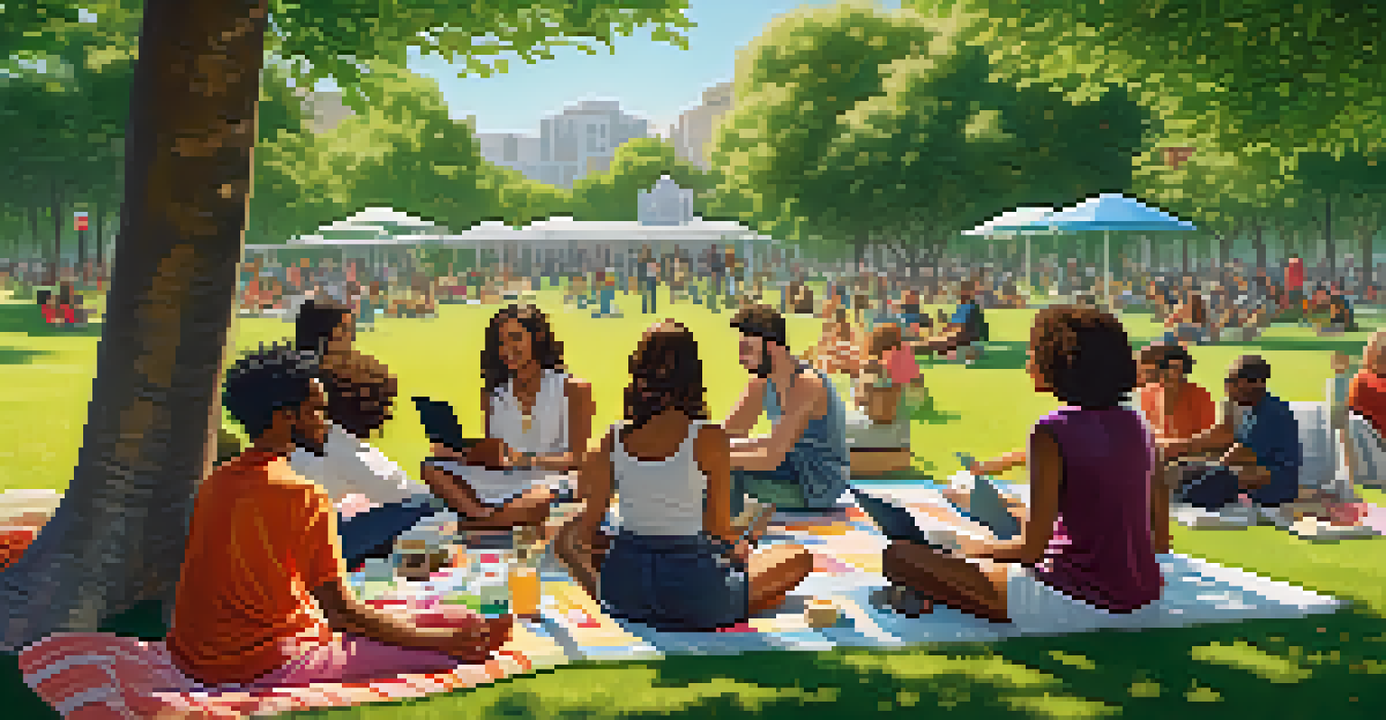 A diverse group of people in a park discussing privacy measures for social media, surrounded by nature.