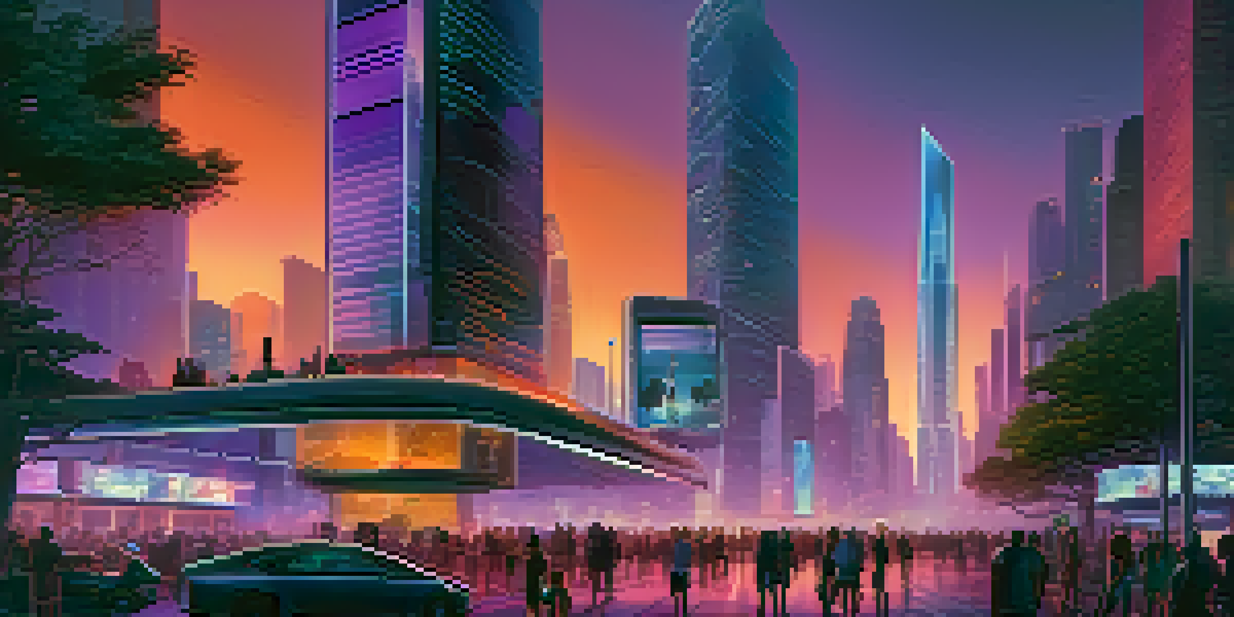 A vibrant city skyline with futuristic architecture and neon lights during sunset, with people interacting with holographic technology in a park.