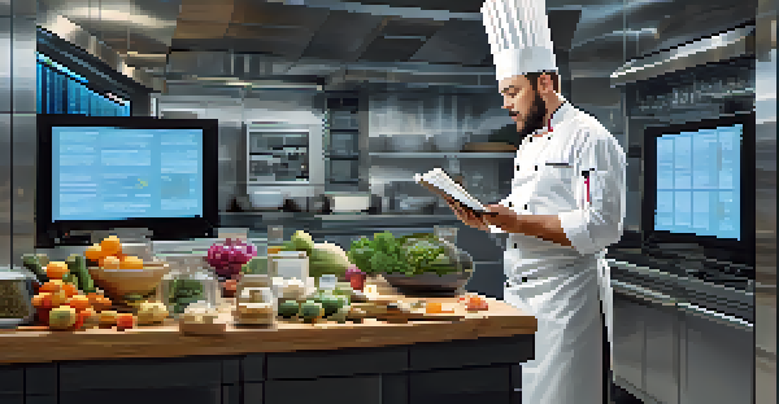 A chef in a digital kitchen with a recipe book, surrounded by screens, symbolizing the need for accurate data in smart contracts.