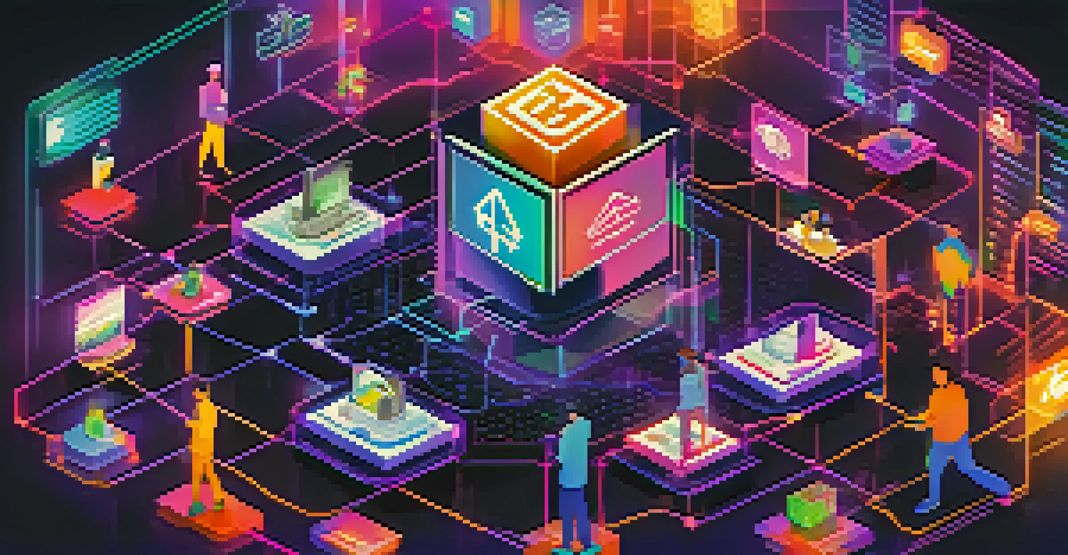 A digital dashboard showing a decentralized finance platform with diverse users and various blockchain logos.