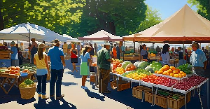 A lively farmer's market with colorful stalls and people interacting, showcasing fruits, vegetables, and crafts under sunlight.