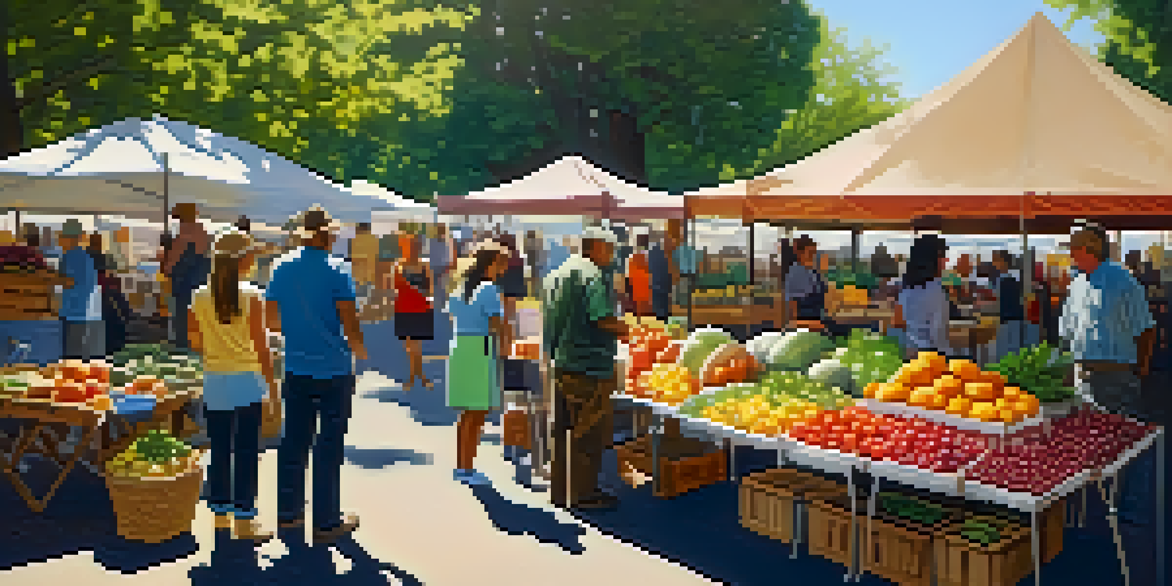 A lively farmer's market with colorful stalls and people interacting, showcasing fruits, vegetables, and crafts under sunlight.