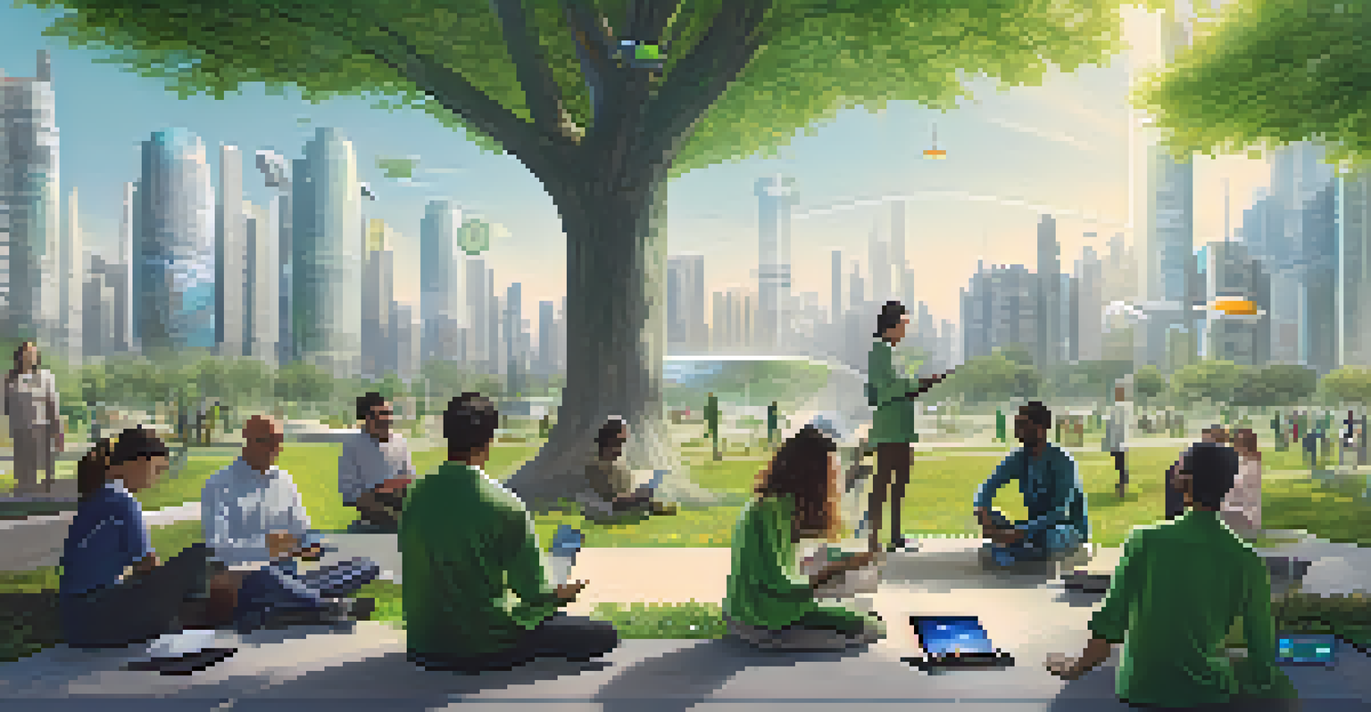 A futuristic cityscape showcasing diverse individuals brainstorming under a tree with digital tablets, symbolizing community-driven governance.