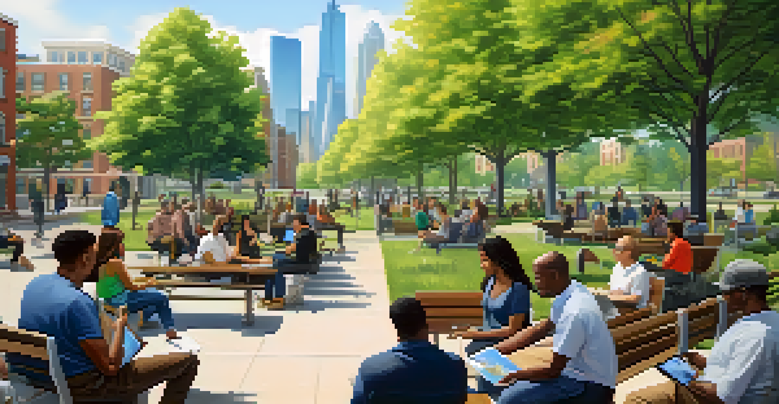 A community meeting in a city park where diverse individuals discuss local real estate projects using tablets and laptops, with a modern city skyline behind them.