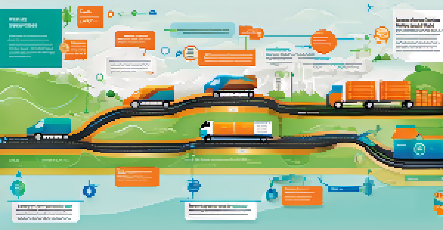 An infographic showing the product journey through a supply chain with stages marked by icons and arrows.