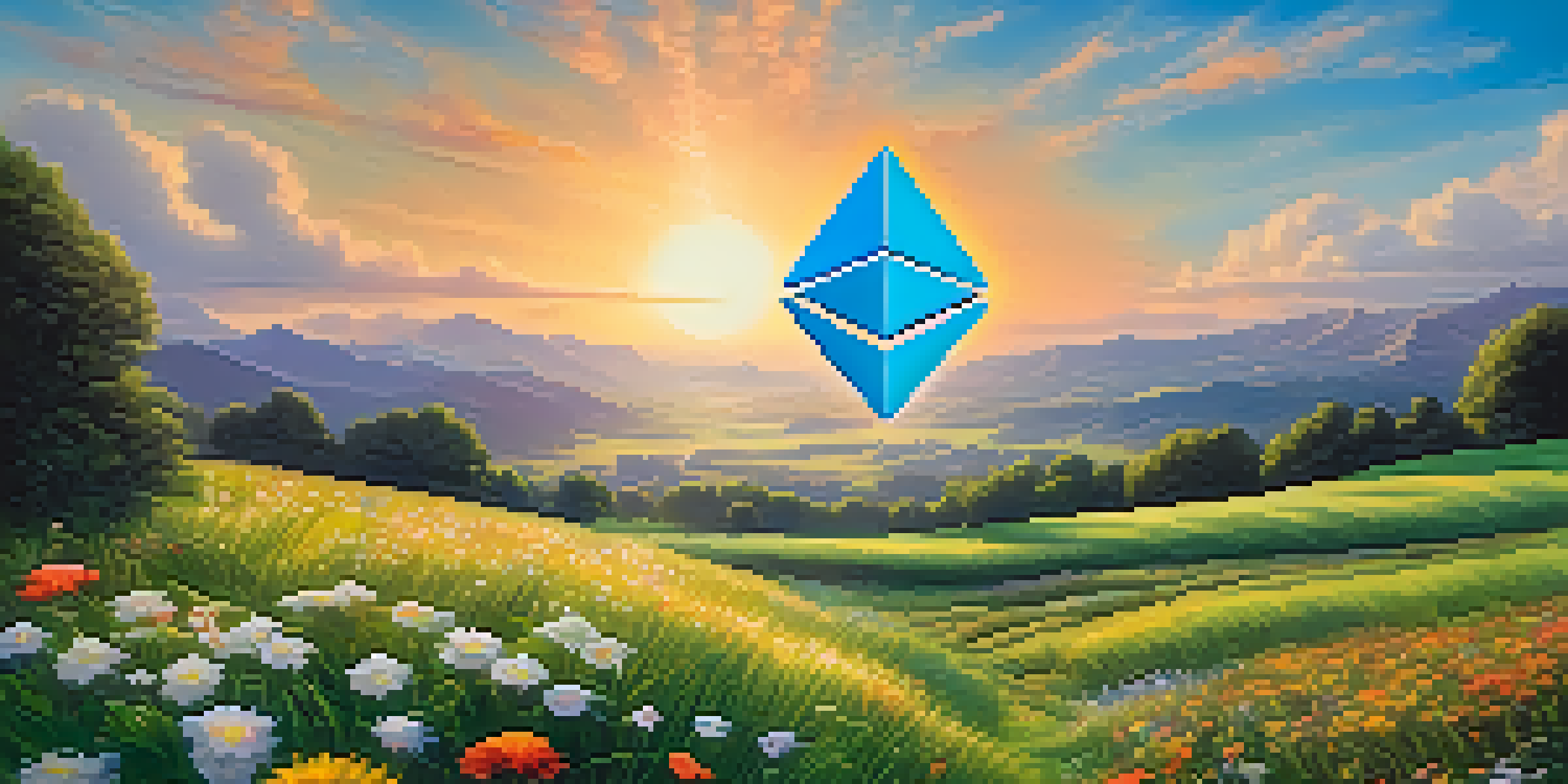 A peaceful landscape featuring the Ethereum logo in a green field with a blue sky and blooming wildflowers.