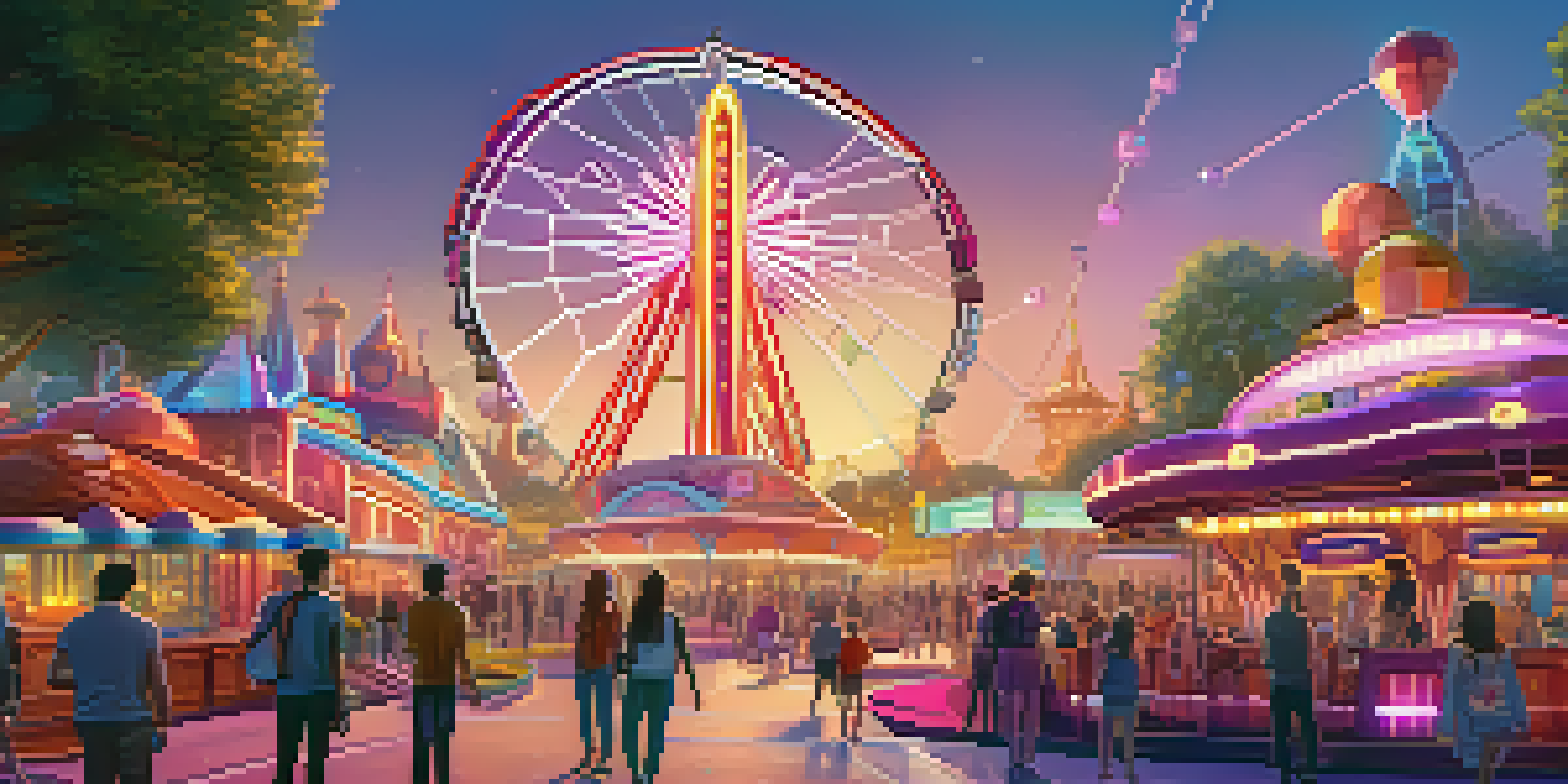A colorful digital representation of Ethereum tokens as tickets in a futuristic amusement park, illuminated by twilight.