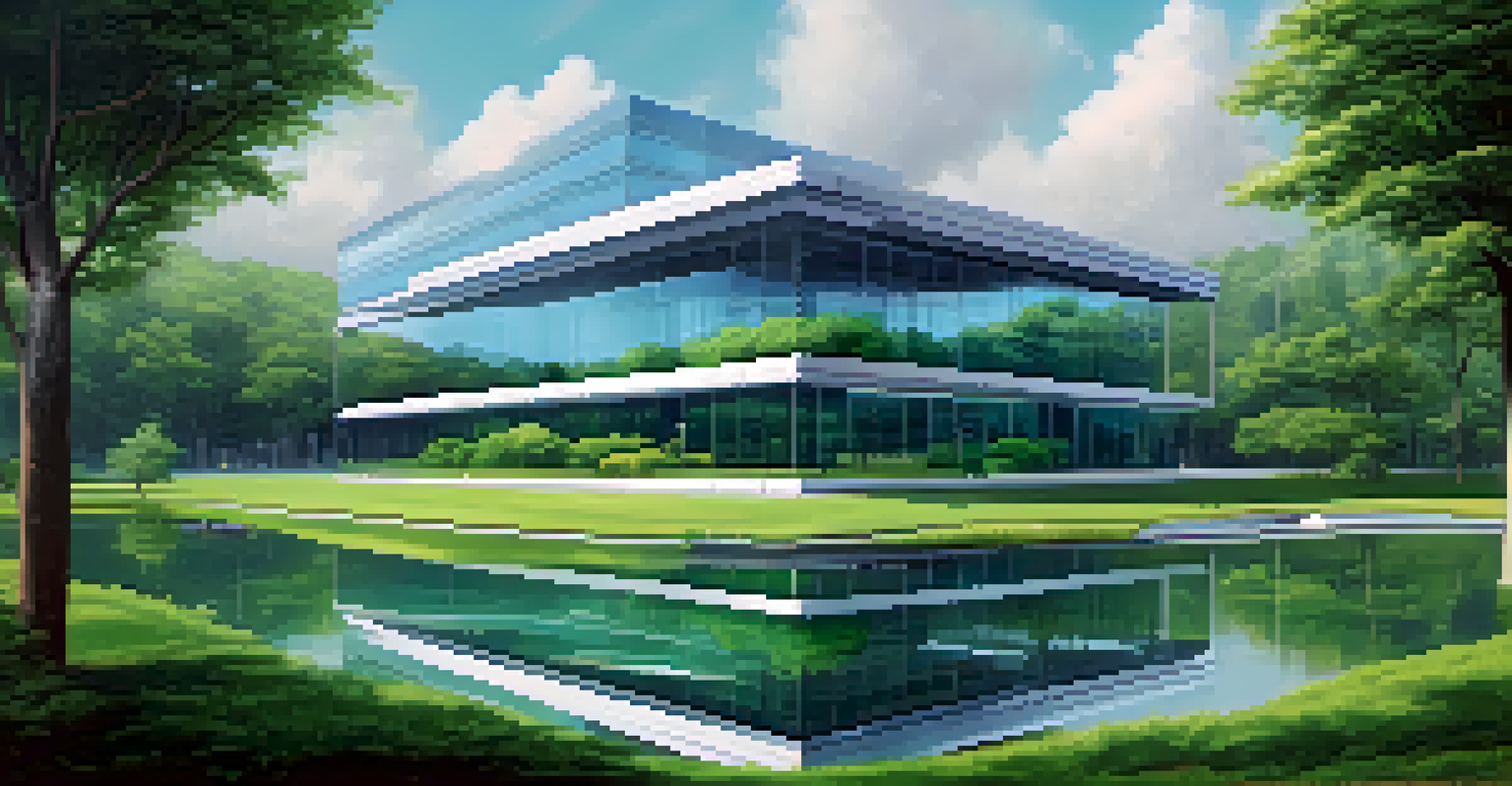 A modern bank building in a natural setting, surrounded by greenery, with digital currency symbols floating in the air, representing the fusion of finance and technology.