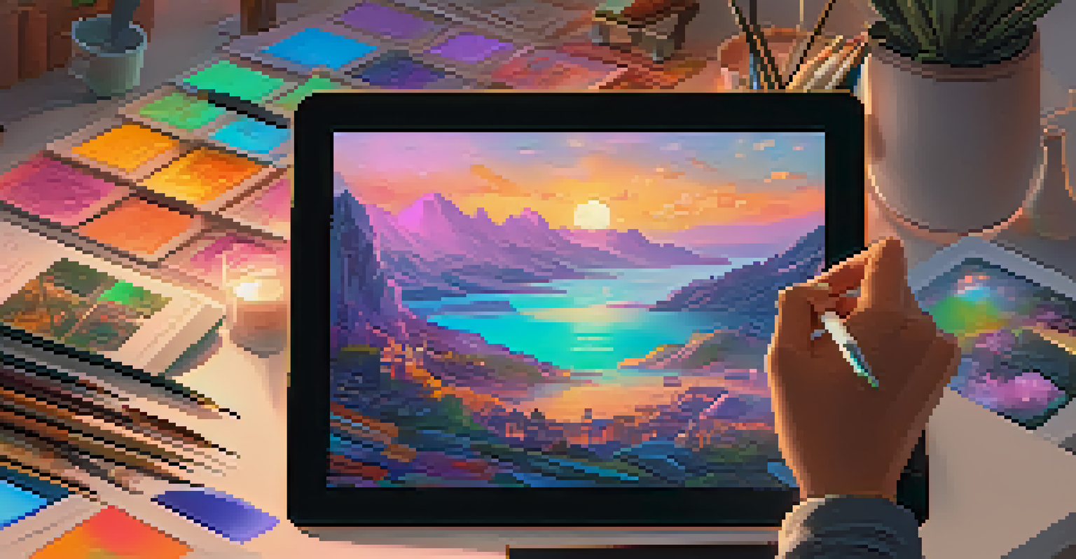 An artist working on a digital artwork on a tablet, with colorful sketches around and a sunset visible through the window.