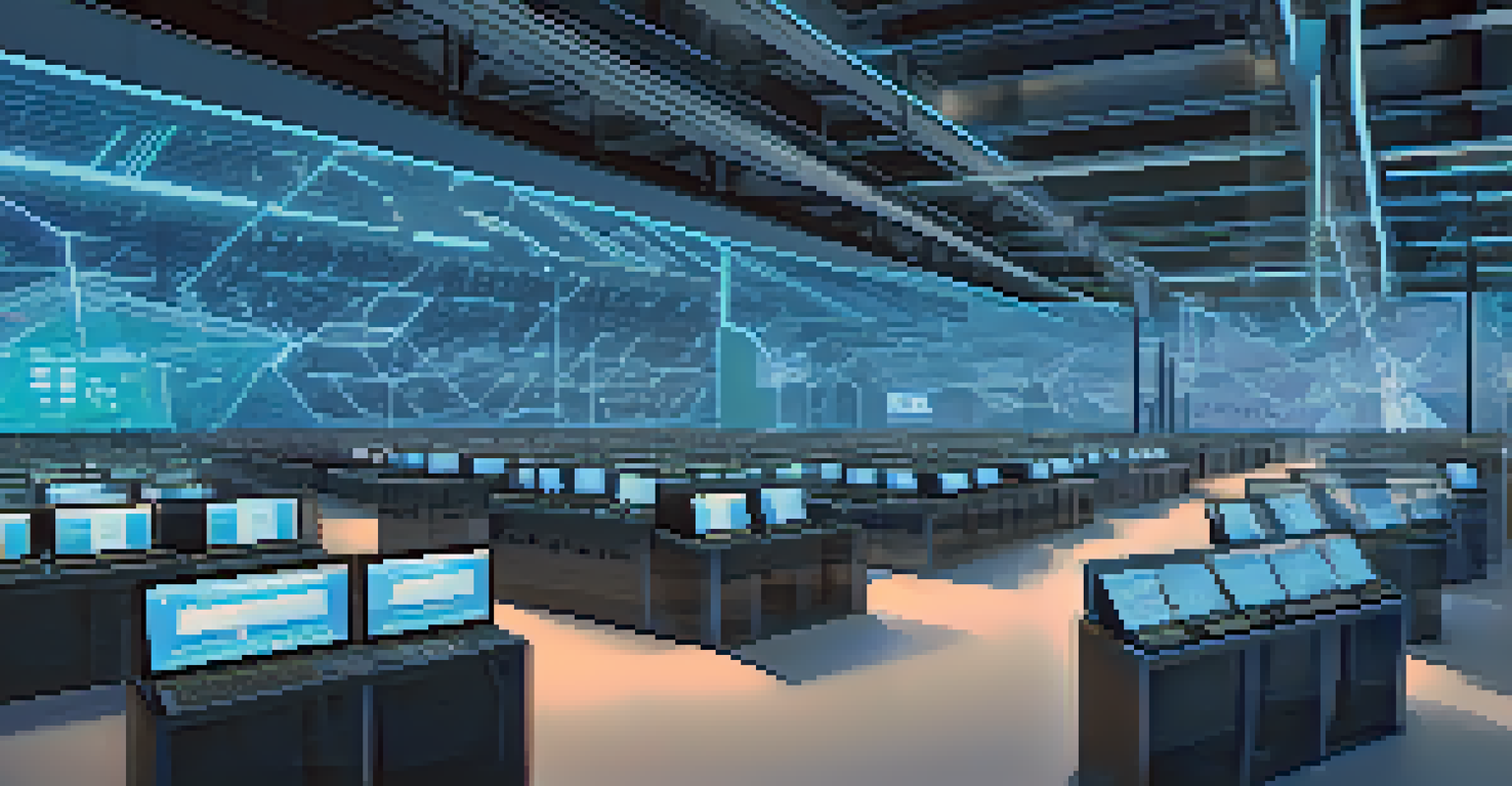 A modern mining facility with rows of computers and vibrant LED lights, displaying real-time mining statistics in a cool blue environment.