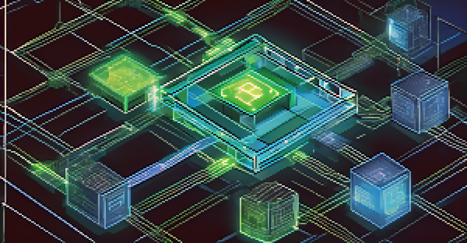 A visual representation of a blockchain network with interconnected glowing blocks and transaction icons against a digital grid background.