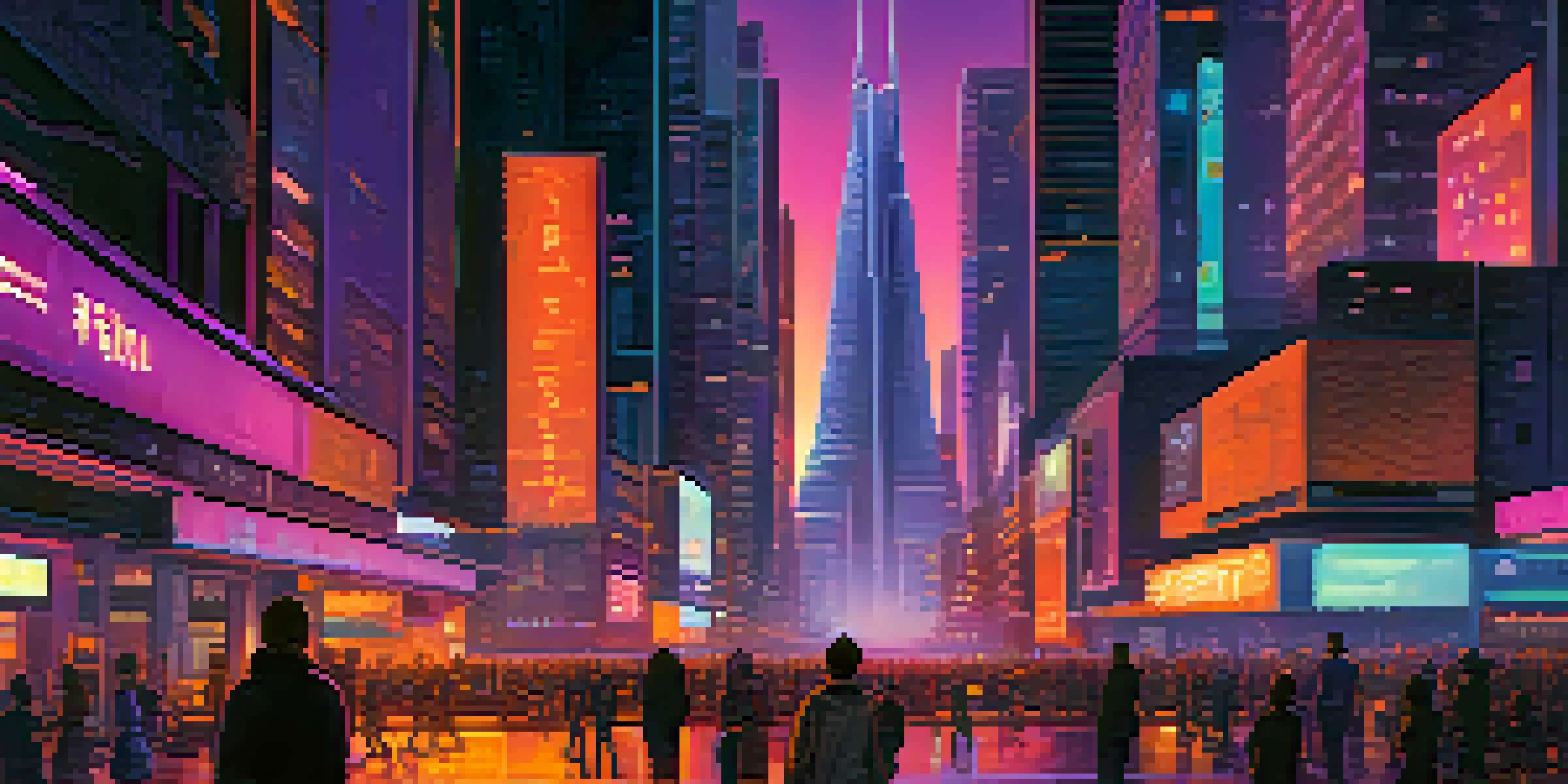 A modern city with skyscrapers lit by neon lights at dusk, bustling streets filled with people, and drones flying in the sky.