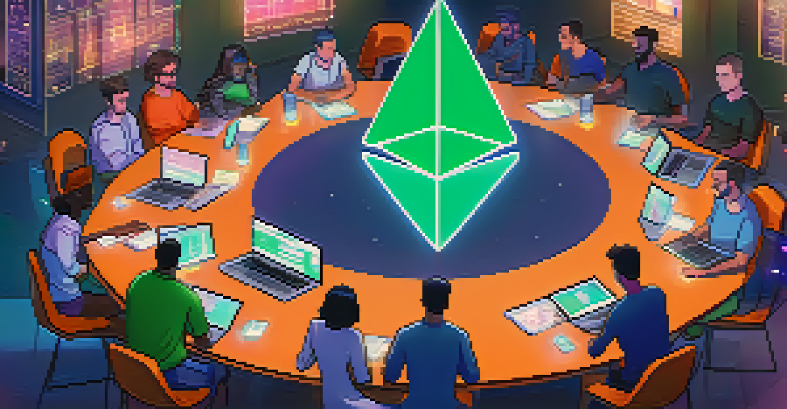 A group of diverse developers brainstorming ideas around a digital table for a token launch, with a holographic Ethereum logo in the background.