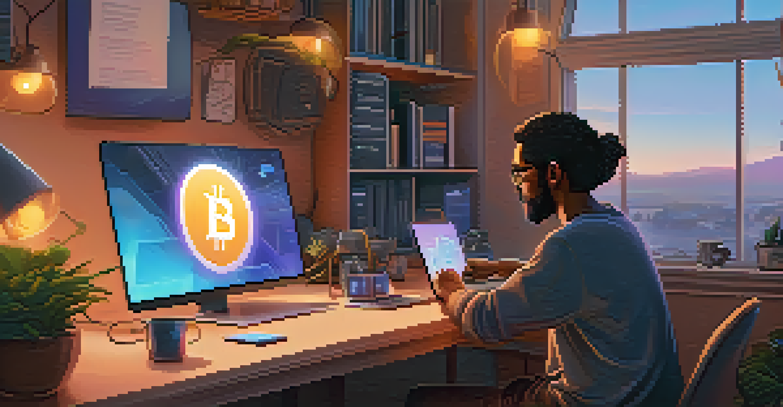 A user engaging with the Ethereum network on a laptop, with floating digital assets in a cozy workspace with warm lighting.