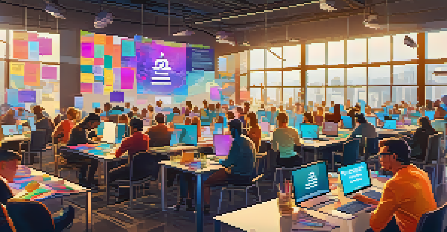 Participants at a hackathon event, working on laptops and brainstorming ideas with colorful banners in a bright room.