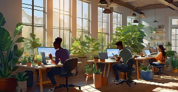 A diverse group of remote workers collaborating in a bright workspace with laptops and greenery.