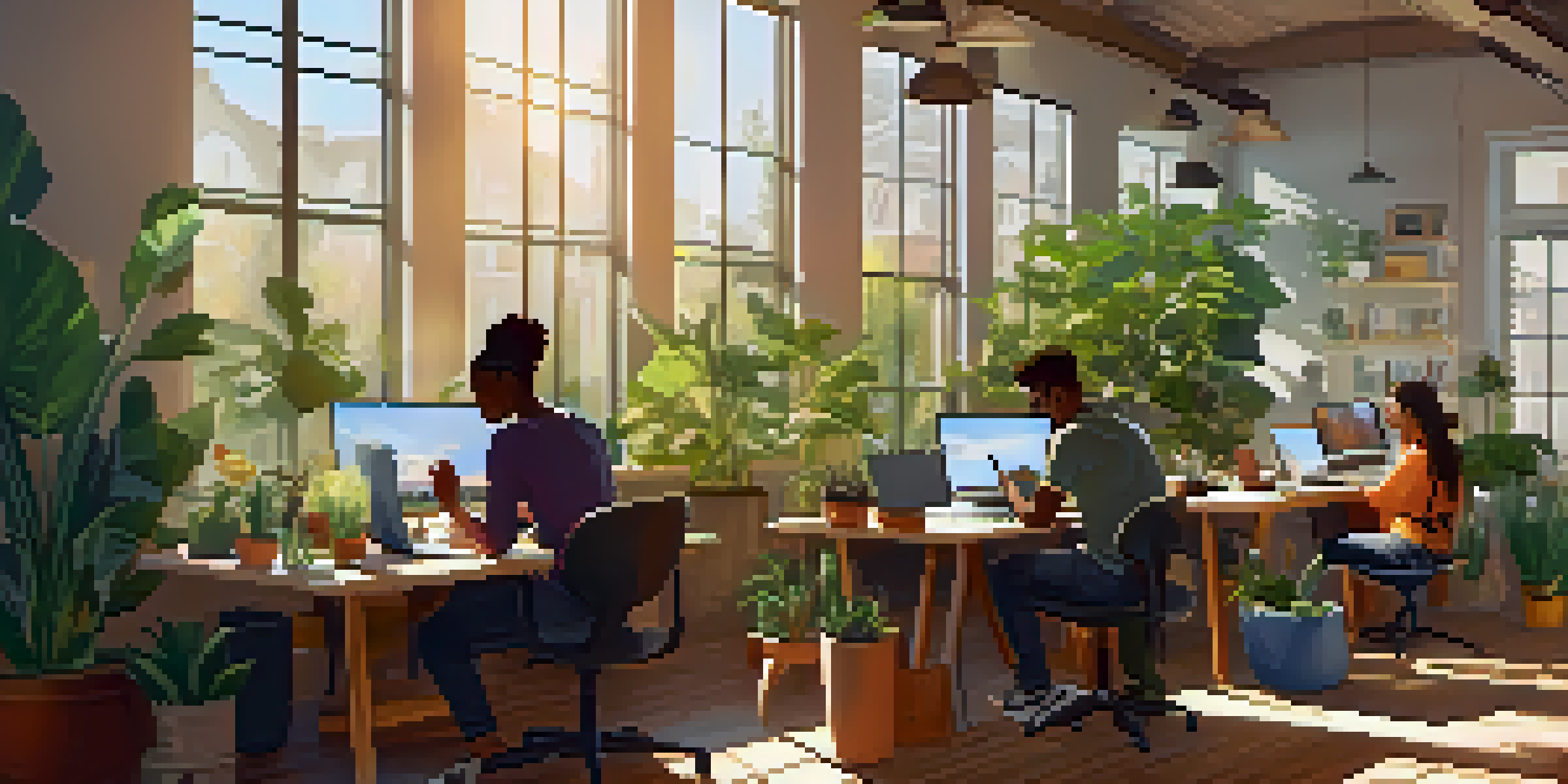 A diverse group of remote workers collaborating in a bright workspace with laptops and greenery.