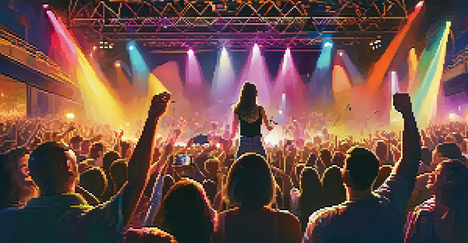 A concert scene with fans cheering and holding glowing social tokens while a performer entertains on stage.