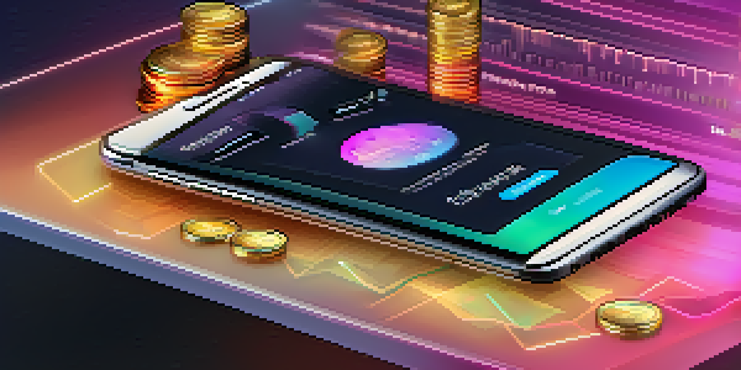 A smartphone with a vibrant mobile wallet interface showcasing Ethereum transactions, surrounded by digital coins and charts.