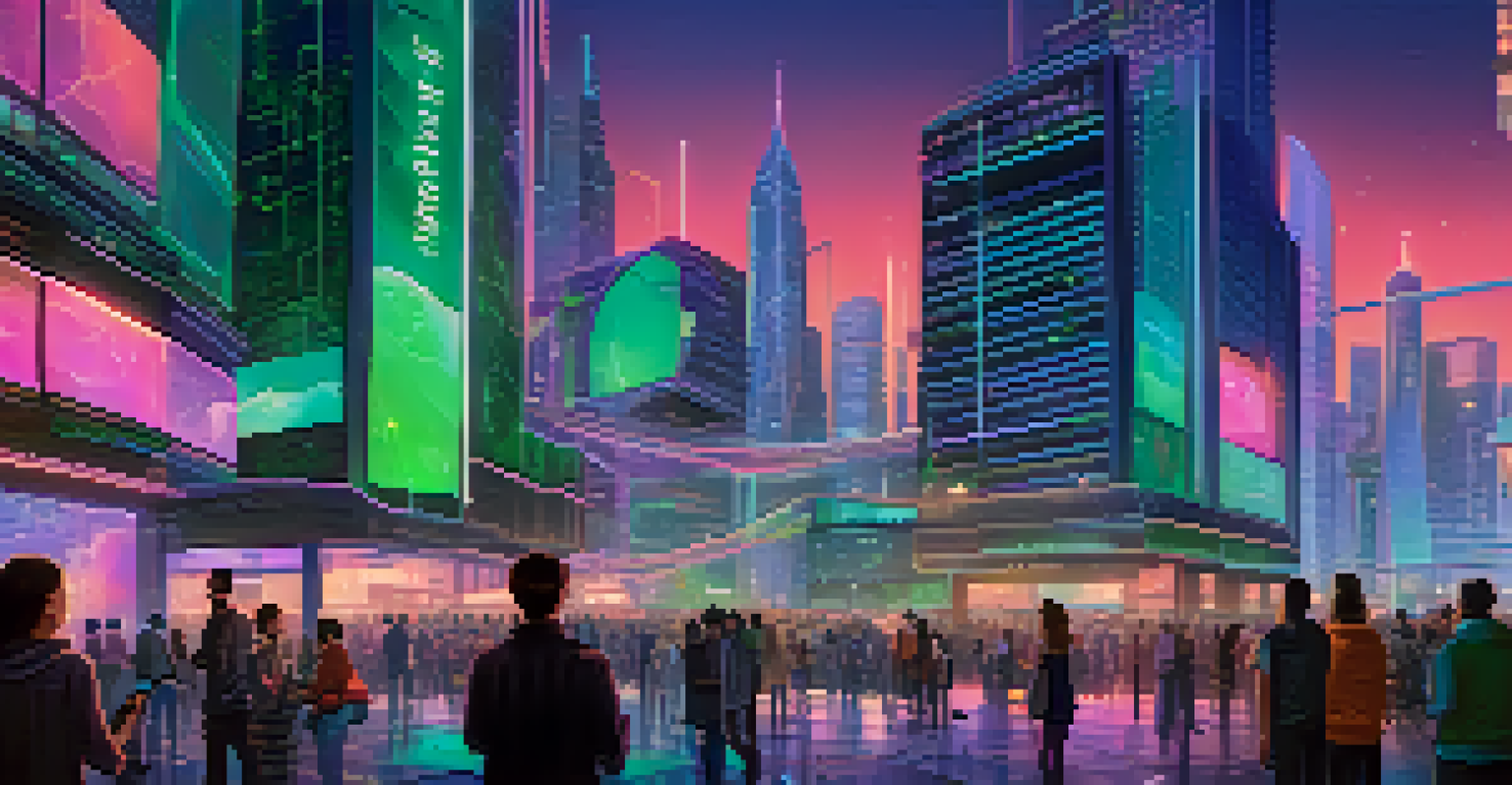 A futuristic cityscape at dusk, filled with neon lights, where people interact with digital devices showcasing decentralized applications.