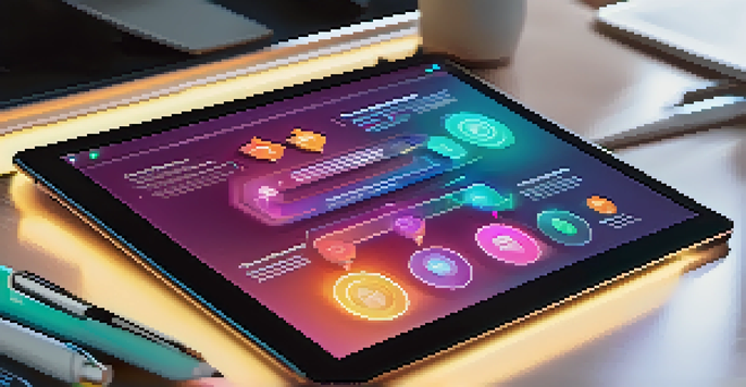 A futuristic digital interface on a tablet displaying customizable smart contracts, set in a modern office.