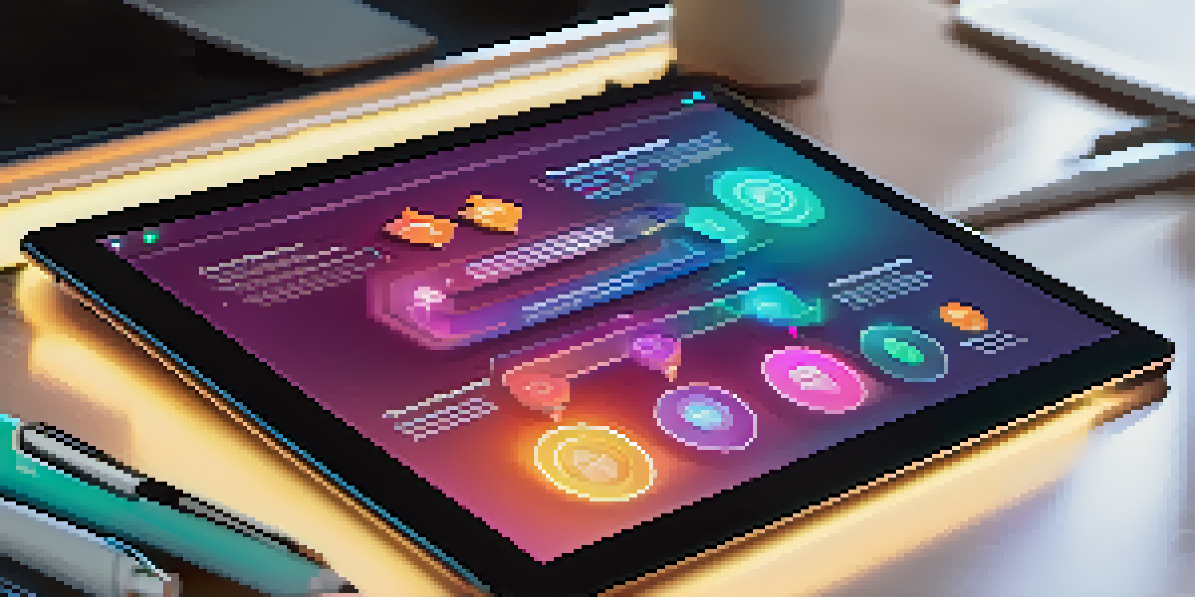 A futuristic digital interface on a tablet displaying customizable smart contracts, set in a modern office.