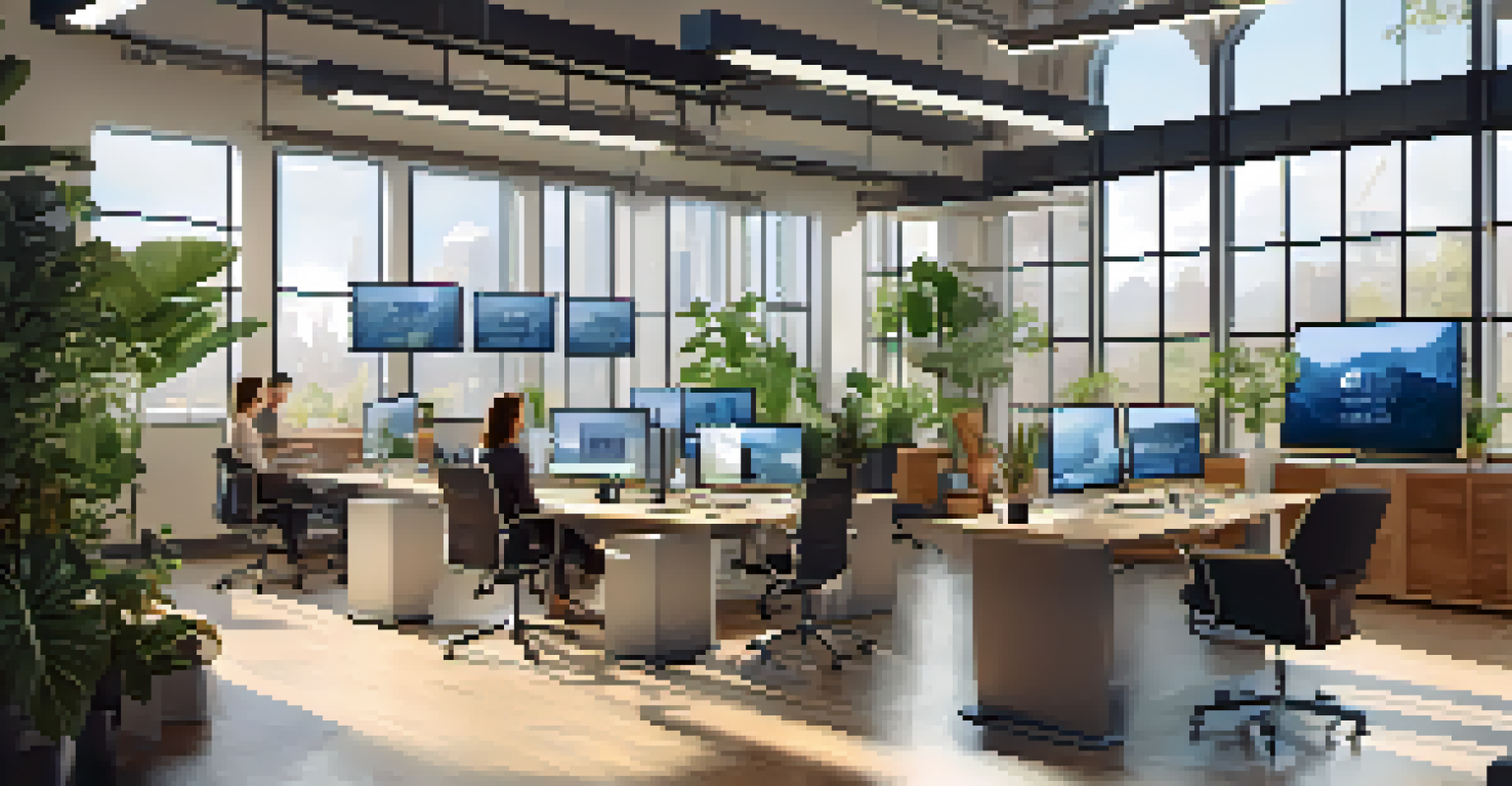 A modern office with a diverse team participating in a video conference, featuring plants and ample natural light in a welcoming environment.