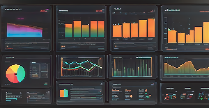 A digital dashboard showcasing real-time data feeds with vibrant graphs and a futuristic design against a dark background.