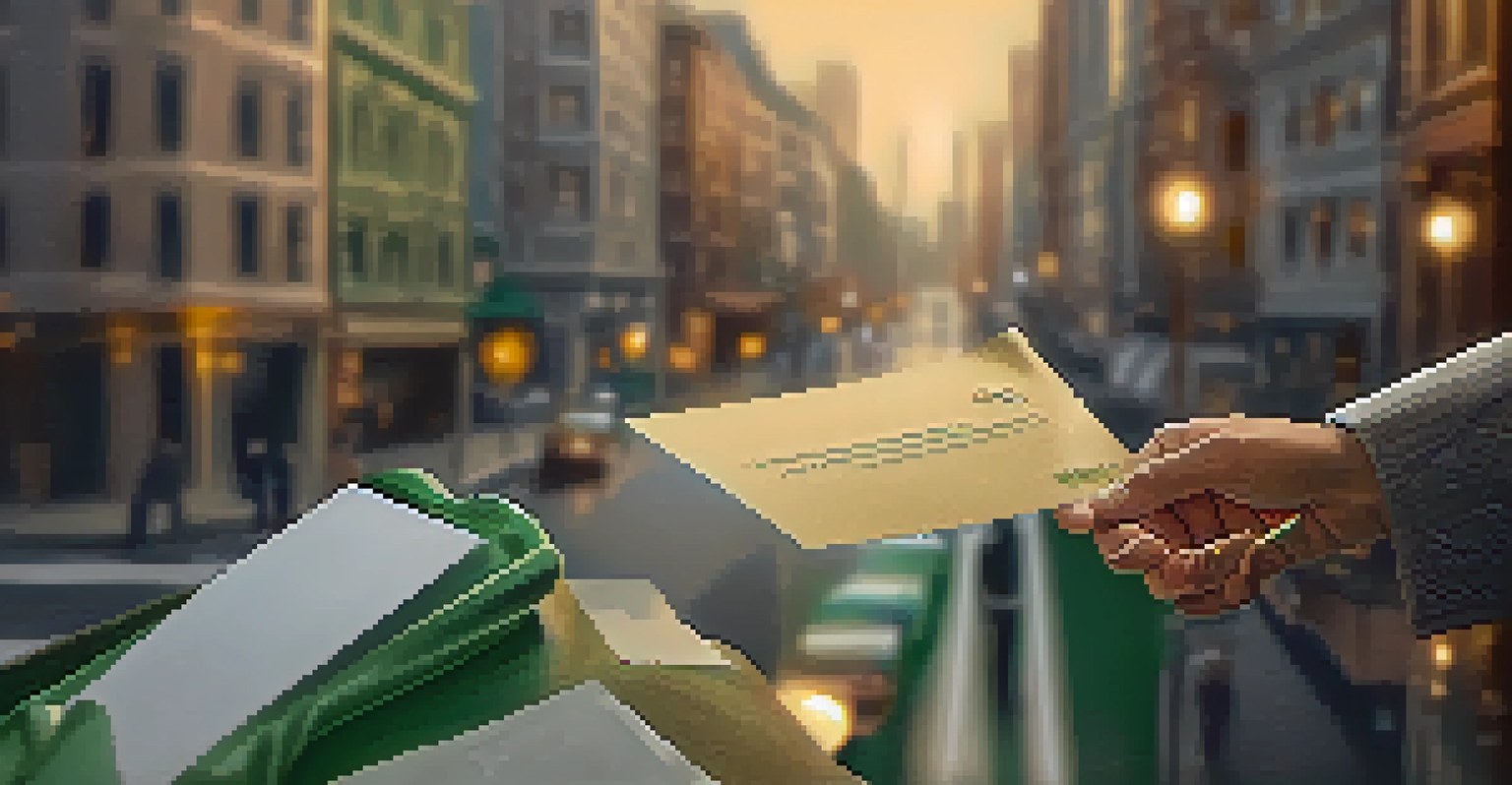A person sending a sealed letter, symbolizing privacy in digital transactions against a blurred cityscape.