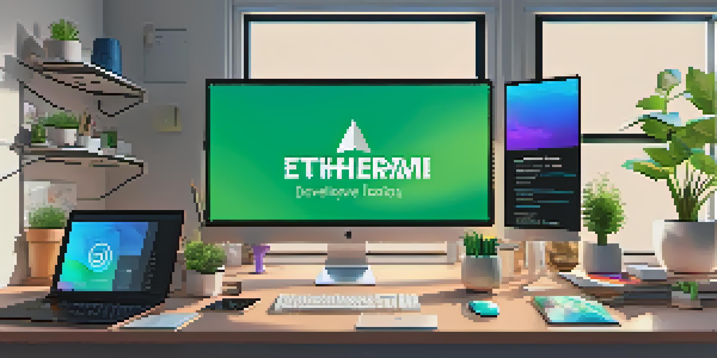 A modern workspace of a digital artist showcasing multiple screens with Ethereum development tools and a well-organized desk.