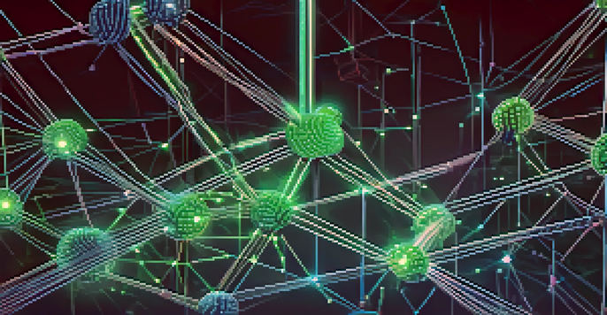 A close-up view of a blockchain network with interconnected nodes and chains, glowing in blue and green lights, showcasing smart contracts.
