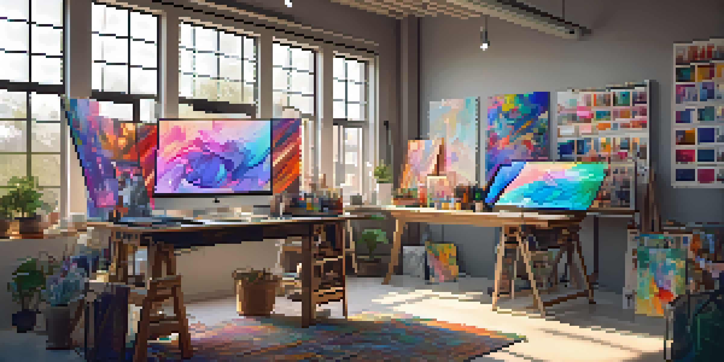 A bright and colorful digital art studio with art supplies, canvases, and a computer showing NFT artwork, illuminated by sunlight.