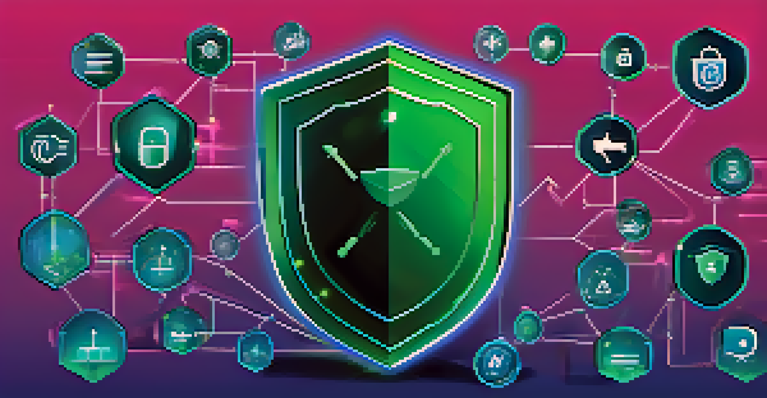 A conceptual shield symbolizing security in smart contracts, surrounded by icons of vulnerabilities against a blue and green gradient background.