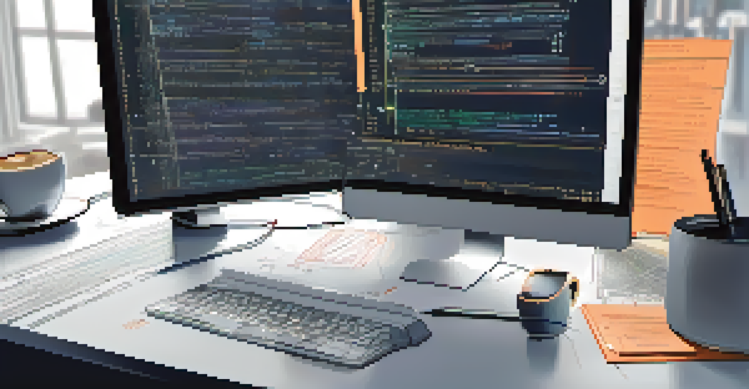 A computer screen showing a smart contract interface with highlighted vulnerabilities, surrounded by a developer's workspace with notes and a coffee cup.