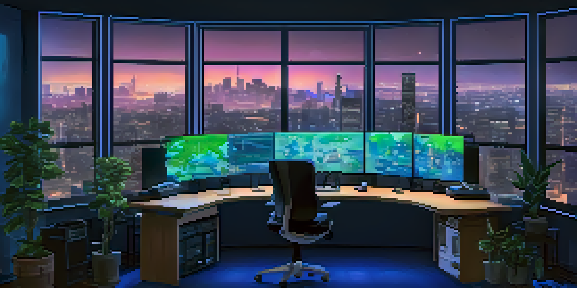 A high-tech digital artist's workspace with monitors showing cryptocurrency charts, illuminated by blue ambient light and featuring green plants.